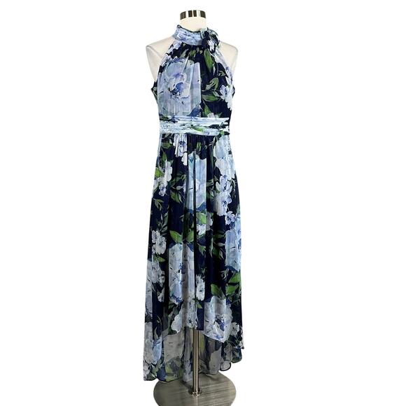 Eliza J Women's Floral Print Chiffon High Low Maxi Dress Blue Size 8 Halter - Picture 1 of 15